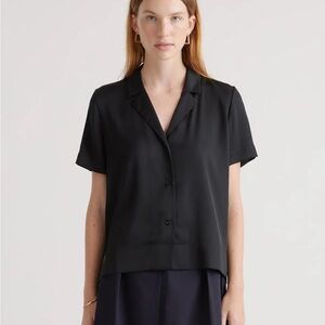 Quince Washable Stretch Silk Short Sleeve Notch Collar Blouse in Light Blue